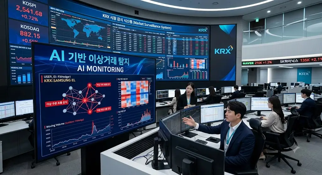 한국거래소(KRX)의 AI 기반 시장 감시 시스템 관제실에서 직원이 이상거래 탐지 화면을 분석하고 있다.